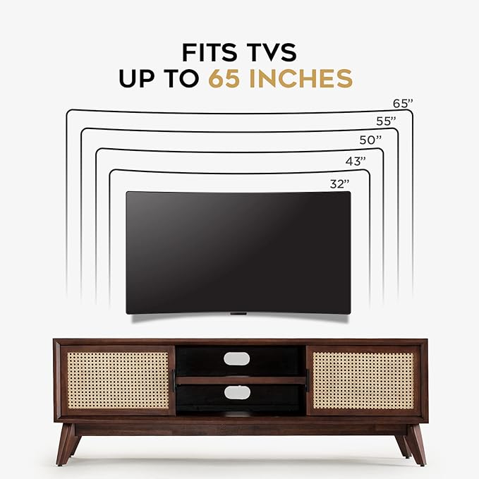 Bme Jasper Premium Solid Wood TV Stand, Under 10 Minutes Assembly (Legs Only), Aesthetic Rattan Doors, Bedroom, 65 inches, 64.6 x 17.7 x 21.65, Media Console - Walnut