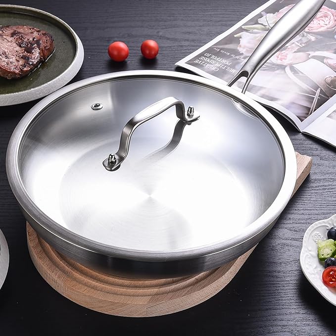 LOLYKITCH 8 Inch Tri-ply Stainless Steel Frying Pan with Lid,Small Skillet,Induction Cooking Pan,Dishwasher and Oven Safe,Riveted Handle.