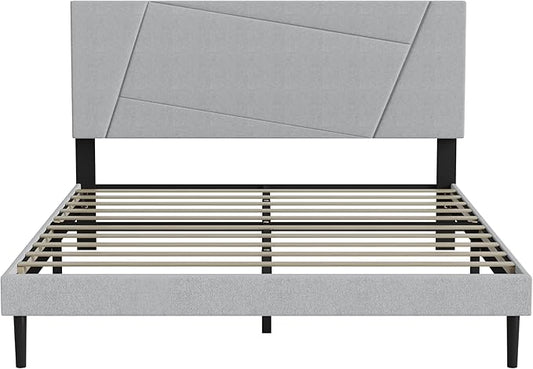 Full Size Bed Frame,Platform Bed Frame with Velvet Upholstered Headboard, Geometric, Sturdy Frame and Wooden Slats, Noiseless, No Box Spring Required, Easy to Assemble (Light Gray, Twin)