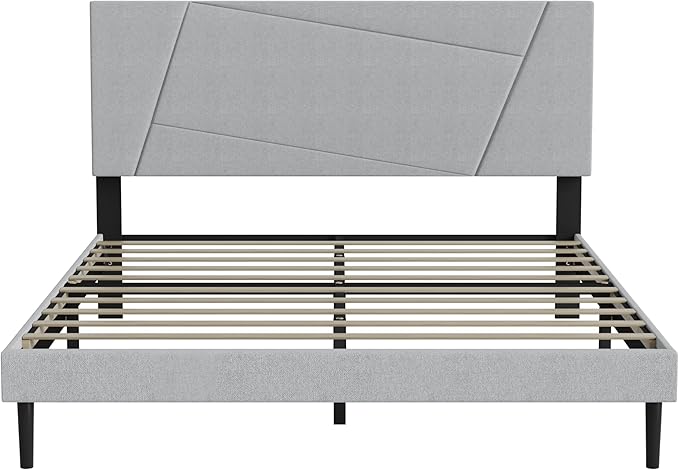Queen Size Bed Frame, Queen Platform Bed Frame with Fabric Upholstered Headboard, Geometric Pattern, Sturdy Frame and Slats, Noiseless, No Springs Required, Easy to Assemble，Light Gray