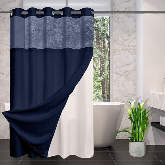 No Hooks Required Waffle Weave Shower Curtain with Snap in Liner-Hotel Grade Waterproof & Mesh Top Window Spa Like Bath Curtain Machine Washable Heavy Duty 71Wx74L(Navy Blue)