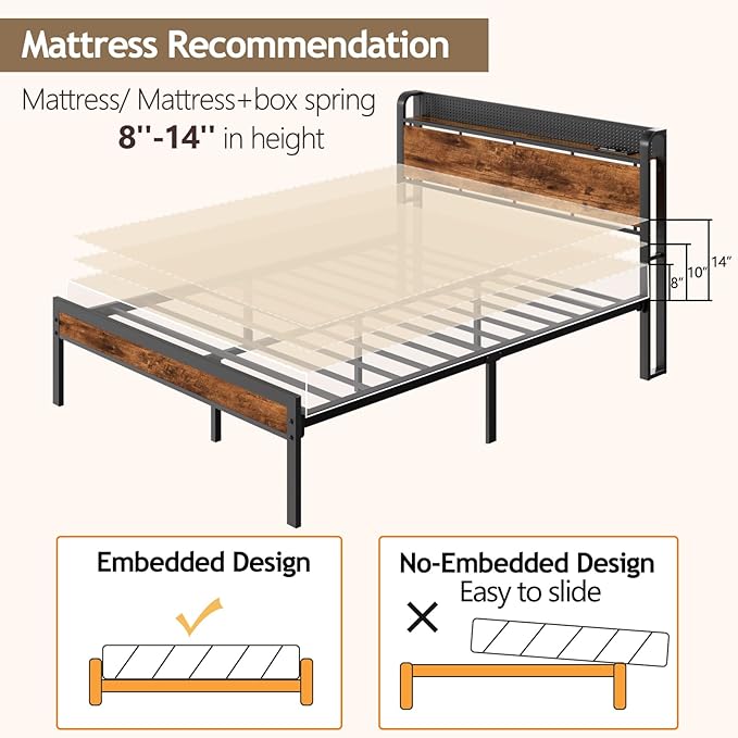 Furnulem Full Bed Frame with LED Lights,Industrial Storage Headboard with Charging Station,USB Port,Under Bed Storage,Wood Platform with Strong Metal Support,No Box Spring Needed, Silent