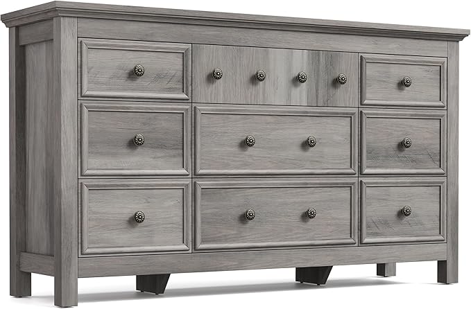 LGHM Long Dressers for Bedroom, Large 9 Drawers Dresser, Chests of Drawers TV Stands, Sturdy and Stable Storage Organizer - Thick Support Legs Design, 6" Deep Drawer for Bedroom,Living Room, Gray
