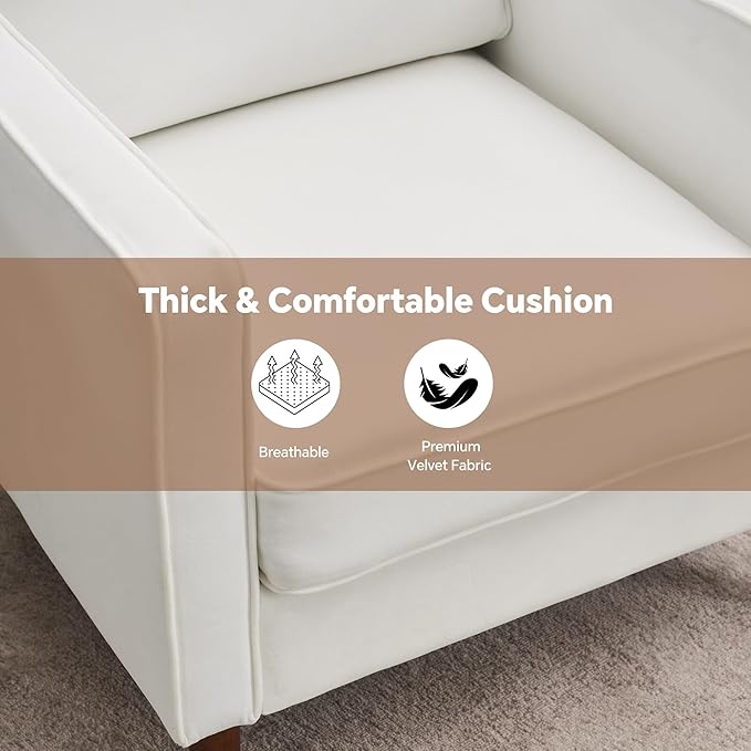 Mid Century Modern Accent Chair, Upholstered Reading Armchair for Living Room, Velvet Comfy Sofa Chair with Wood Legs for Bedroom, Office, Waiting Room, Ivory