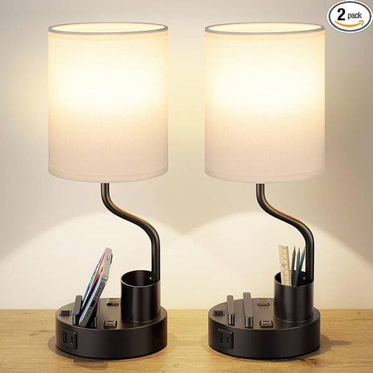 White Bedside Table Lamps for Bedroom Set of 2 - Nightstand Light with AC Outlet and USB A & C for Charging, 3 Color Temperatures Desk Lamp with Pen Holder & Phone Stand for Living Room/Dorm/Office