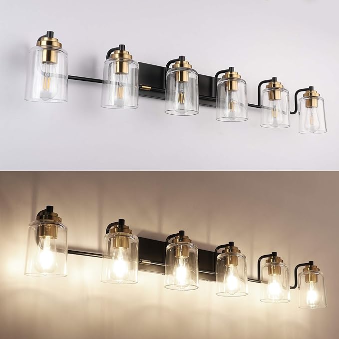SOLFART Vintage Wall Vanity Lights for Bathroom Vanity Light 40 inch Black Globe Light Metal with Clear Glass Brass Fixtures Wall Mount Lighting Sconce 6 Light