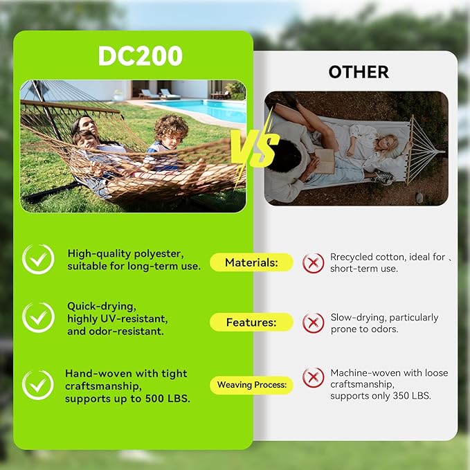 Double Hammock for 2 Person, Handwoven Cotton Rope Hammock with Spreader Bar - Indoor & Outdoor Use for Patio, Poolside, Backyard (Brown)