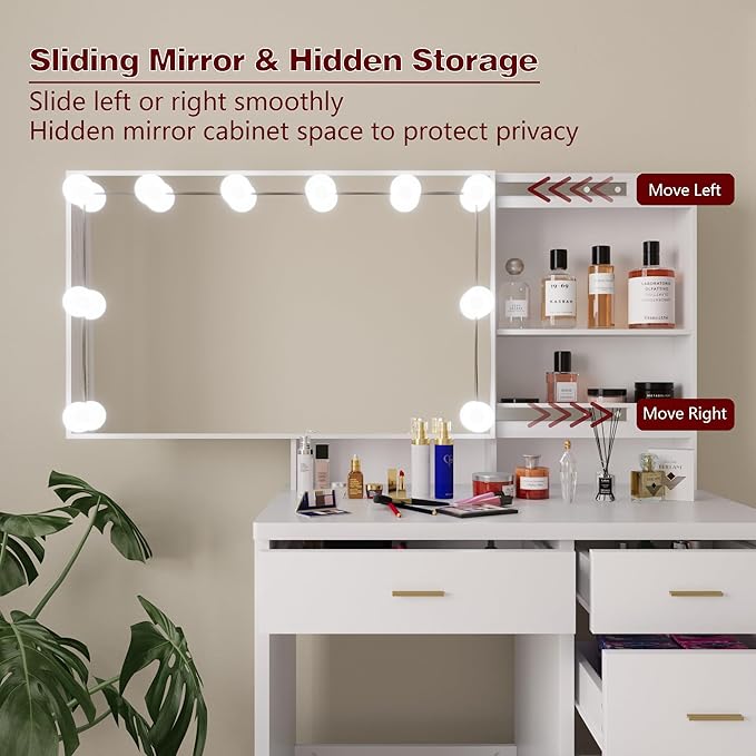 Vanity Desk with Mirror and Lights, Modern Makeup Vanity with Sliding Mirror and 10 LED Light Bulbs, Makeup Vanity Set with 5 Drawers, Hidden and Open Storage Shelves, Vanity Table for Bedroom, White