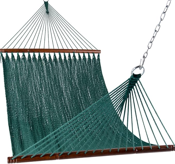 Lazy Daze Hammocks 10.5 FT Double 2 Person Caribbean Rope Hammock, Hand Woven Polyester Hammock with Spreader Bars, for Outside Outdoor Backyard Patio Poolside,450 LBS Capacity, Green