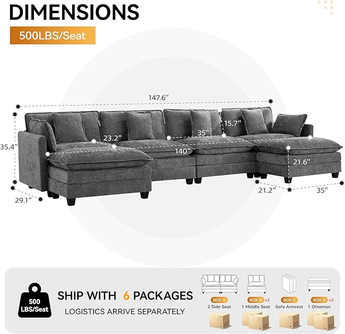 147'' Sectional Cloud Deep Seat Couch, Oversized Chenille U Shaped Sectional Sofa for Living Room Set, Comfy Upholstered Modular Sectional Sofa Couch with Movable Ottoman, Grey