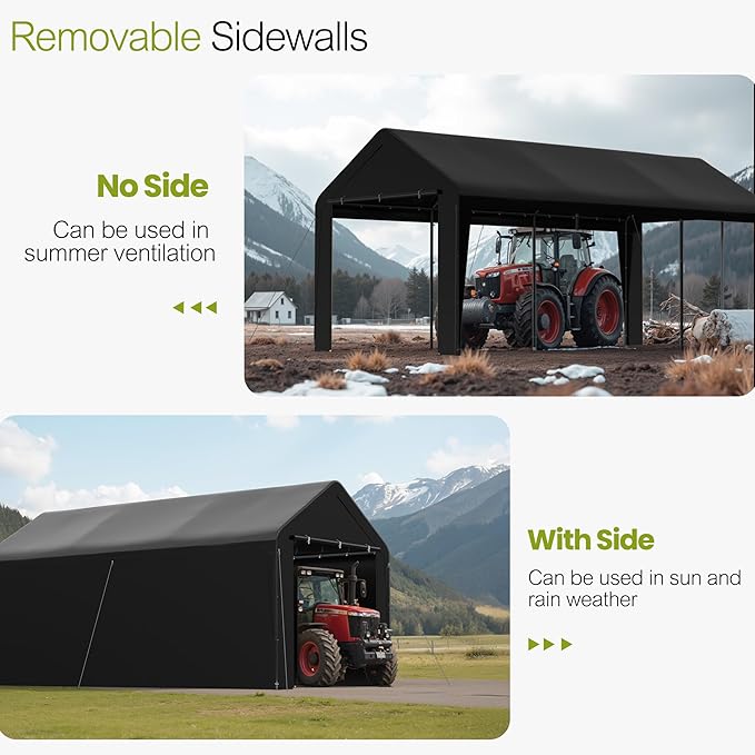 GOJOOASIS 10x20 Carport Heavy Duty Portable Garage Shelter Metal Car Canopy Tent with UV-Resistant & Weatherproof Top Cover for RV & Vehicles (Black, 10x20 with sidewalls)