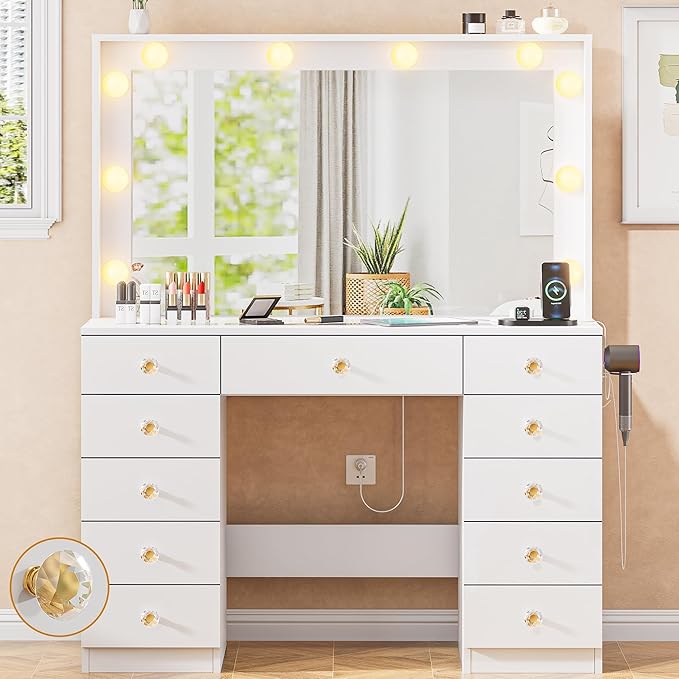 43.3" Vanity with Large Mirror and 10 LED Lights, Vanity Desk with Glasstop, 11 Drawers with Crystal Handles, Dressing Table with Power Outlet as Gift for Women, Girls (White)