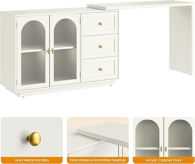 RoyalCraft White Makeup Vanity Desk, Modern L Shaped Corner Vanity with Storage, Wood Large Dressing Table for Women Girlfriend, Extendable Makeup Table for Bedroom, Cream White (Without Mirror)