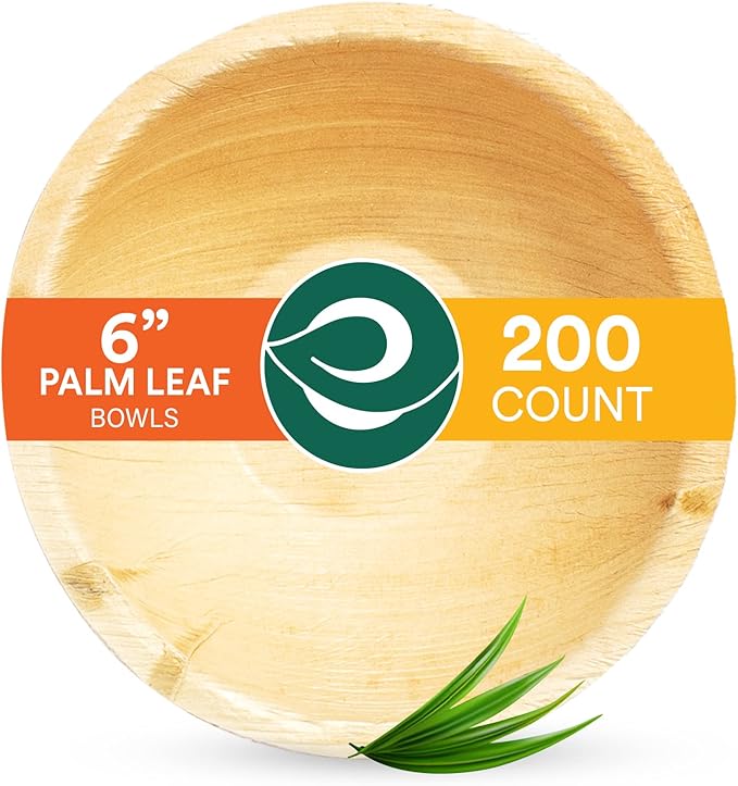 ECO SOUL Palm Leaf Bowl 200 pc, Small 6" (16 Oz) | Round Like Bamboo Bowls, Compostable, Biodegradable, Disposable Palm Leaf Bowls Eco-friendly | Sturdy, Microwave & Oven Safe