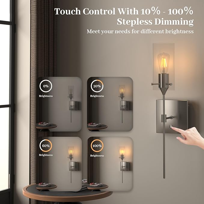 Dimmable Battery Operated Wall Sconce No Wired, Rechargeable Wall Light Fixture, Easy to Install Wireless Wall Mount Lamp for Living Room Bedside Hallway Lounge Mirror, Bulb Included