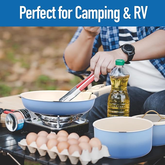 20pcs Ceramic Cookware Set Nonstick, Detachable Handle Pots and Pans Set, Non Toxic,No PFAS & PTFE & PFOA, Dishwasher/Oven Safe, RV Kitchen Set Removable Handle for Cooking, Blue