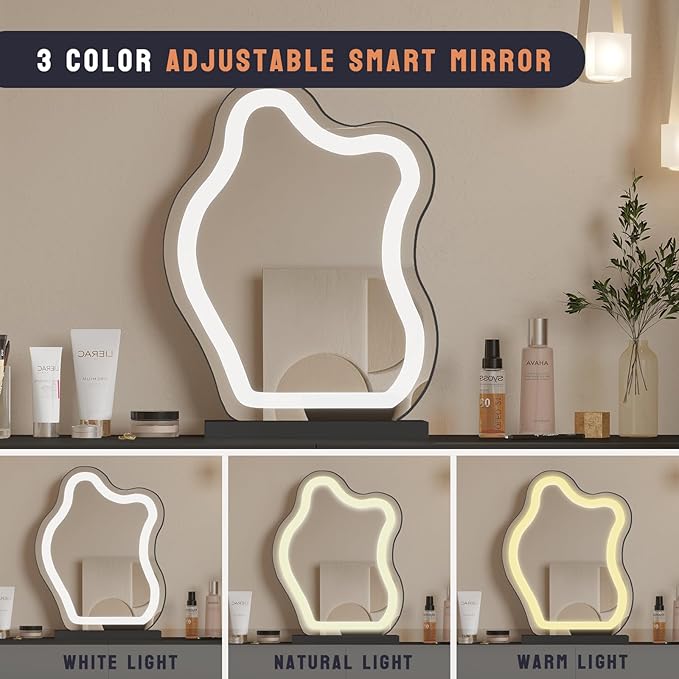 Makeup Vanity Desk with Mirror and Lights, Luxury Dressing Table with Free Retractable Side Cabinet, Microfibre Leather Wrapped Vanity Set with 5 Solid Wood Drawers, Stool-47.2in / Black