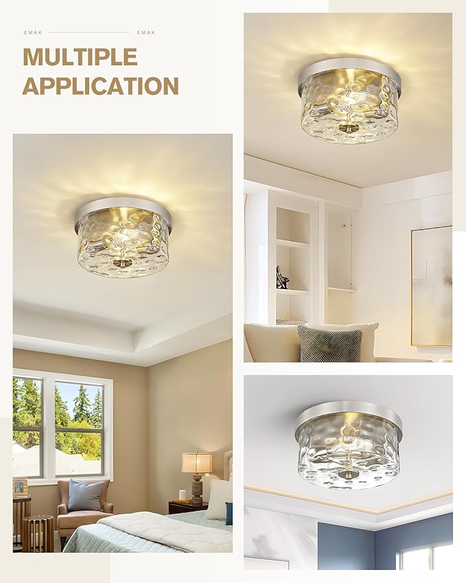 Emak Brushed Nickel Flush Mount Ceiling Light Fixture, Modern 11 inch Hallway Light Fixtures with Hammered Glass Shade, 2-Light Ceiling Lights for Bedroom, Bathroom, Hallway, Kitchen, FM082-BN-HG