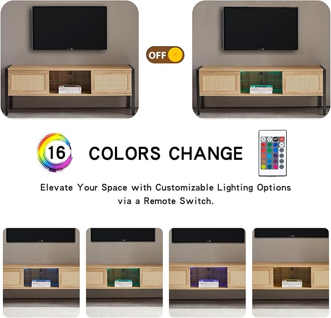 TV Stand, 54.33" TV Console for TVs up to 65 Inches, Mid Century Modern TV Stand Entertainment Center with Storage, with Rattan Door, Shelves & 2 Cabinets, 16 Color Light Strip, Natural