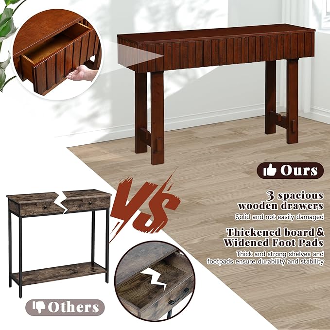 52" Console Table, Solid Wood Fluted Sofa Table Behind The Couch, Mid Century Farmhouse Entryway Table with 3 Drawers for Entrance, Hallway, Living Room, Foyer (Cherry)