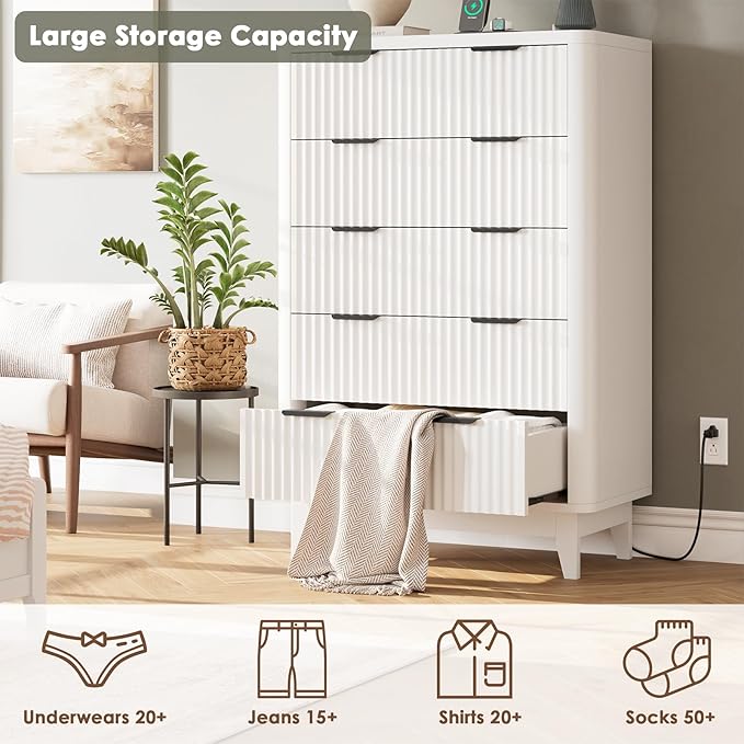 HAIOOU Fluted 5 Drawer Dresser with Power Outlet, Curved Profile Design, 47.4" Tall Chest of Drawers Vertical Wooden Clothing Organizer with Ample Storage for Bedroom, Closet, Hallway - Modern White