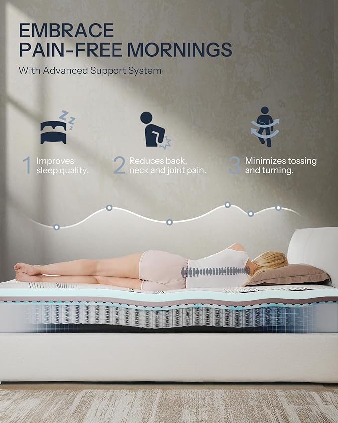 Life Balance Queen Hybrid Mattress 12 Inch, Made in USA, Medium, Copper Gel Memory Foam， Hypoallergenic & Odorless, Motion Isolation & Pressure Relief, Mattress in a Box