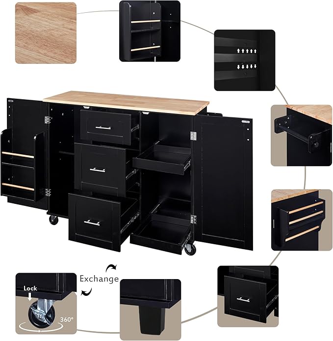 Rolling Mobile Kitchen Island Cart Cabinet with Door Internal Storage Rack, 3 Drawers and 2 Slide-Out Shelves for Dining Room