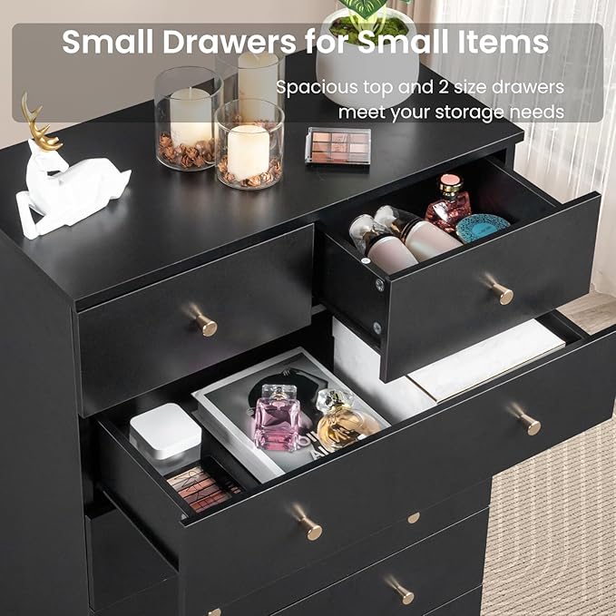 Karl home Black 5 Drawer Dresser for Bedroom, Modern Wood Dresser Chest of Drawers, Bedroom Dressers Clothes Organizer, Anti-Tipping Device, Rose Gold Metal Handle, Living Room, Entryway, Office