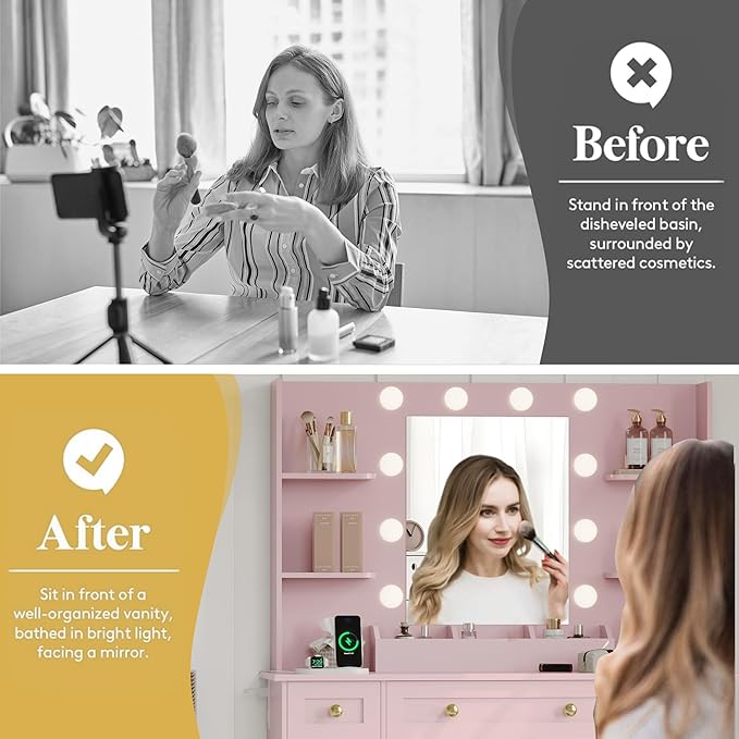 Vanity Makeup Desk with Mirror and Lights, Farmhouse Vanity Table Set with Storage Drawers, Charging Station & Chair, 43" Large Rustic Dressing Table, 3 Lighting Modes for Women Girls Bedroom, Pink