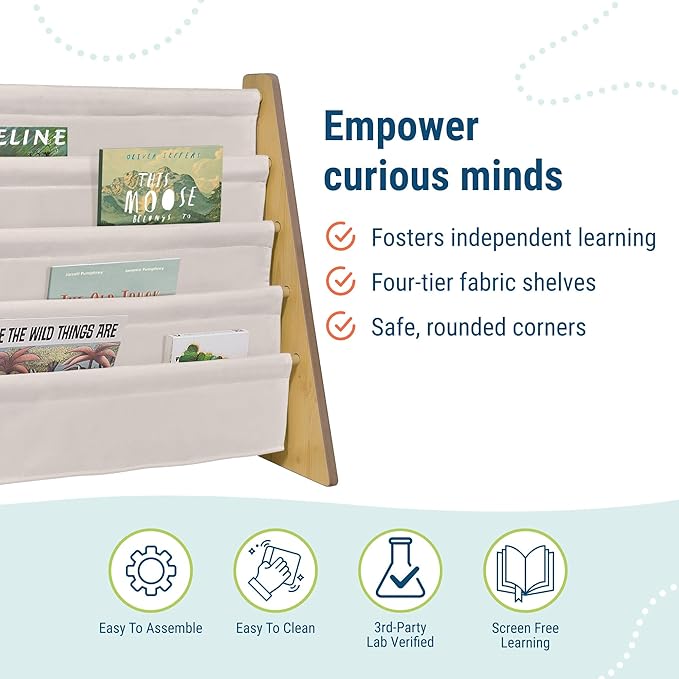 Wildkin Wooden Sling Bookshelf for Kids – Premium Canvas Design with 4 Fabric Shelves, Organizer for Home or Classroom - Natural w/Tan