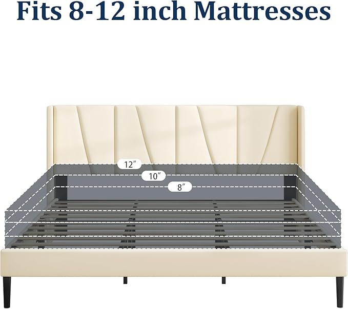 King Bed Frame with Headboard and Wingback, Velvet Upholstered Platform Bed, Mattress Foundation with Wooden Slat Support, No Box Spring Needed, Easy Assembly, Noise Free, Beige