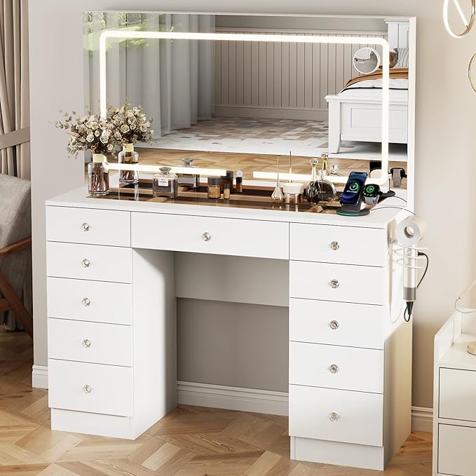 White Makeup Vanity, 11 Drawers Vanity Mirror with Lights, Makeup Vanity Desk with 3 Lighting Modes Adjustable Brightness, Vanity with Glass Top for Bedroom