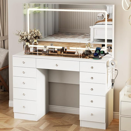 White Makeup Vanity, 11 Drawers Vanity Mirror with Lights, Makeup Vanity Desk with 3 Lighting Modes Adjustable Brightness, Vanity with Glass Top for Bedroom