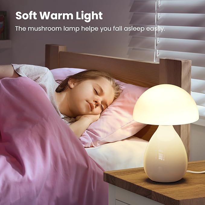 Mushroom Lamp Small Vintage Table Light, Mini Modern Lamp Bedside Nightstand LED, Small Light Dimmable for Bedroom, Living Room, Ceramic Base Glass Led Home Decor for Woman Gifts