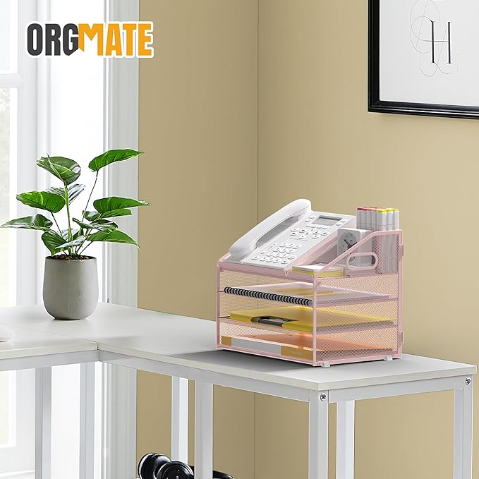Letter Tray Paper, 4 Tier Desk Organizer with Pen Holder and Handle, Mesh File Organizer Paper Sorter Metal Desktop Document Shelf for Office Home Classroom - Pink
