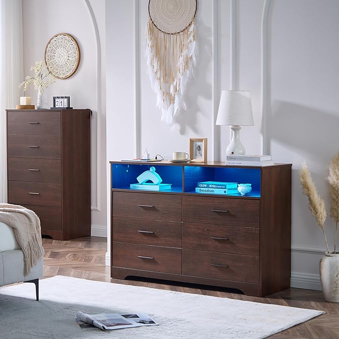 LIDYUK Dresser for Bedroom, Wood Dresser with 6 Drawers, Modern Minimalist Dressers & Chest of Drawers with Charging Station & LED Lights, 48 Inches TV Stand for Bedroom, Living Room, Dark Cherry