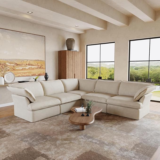 JACH V-Shaped Beige Cloud Couches, Convertible Modular Sofas, Minimalist Deep Seat Sofa, Down Fill Sectional, Couch Sofa Furniture for Living Room, Office, Apartment