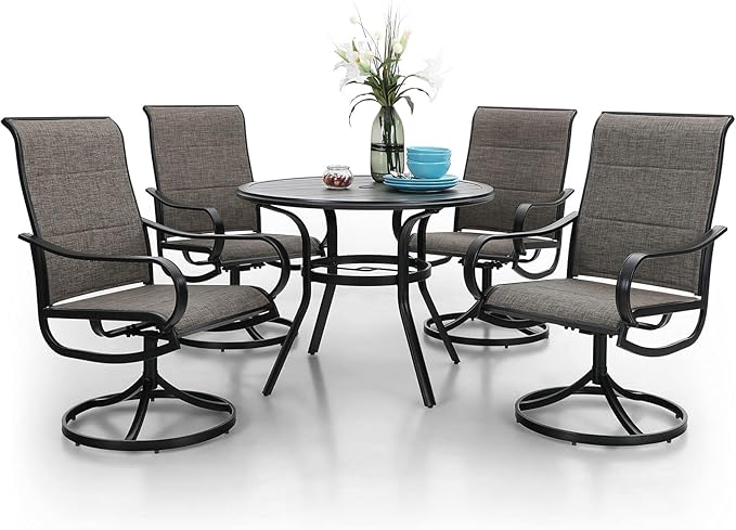 PHI VILLA Patio Dining Set 5 Piece, 4 Padded Textilene Swivel Patio Chairs and 1 Round Metal Table with 1.57" Umbrella Hole, All Weather Resistant for Lawn Garden