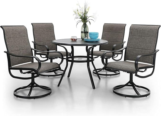 PHI VILLA Patio Dining Set 5 Piece, 4 Padded Textilene Swivel Patio Chairs and 1 Round Metal Table with 1.57" Umbrella Hole, All Weather Resistant for Lawn Garden