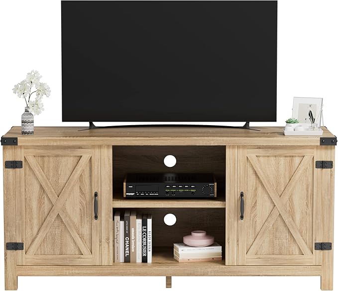 JUMMICO TV Stand, 65 Inch TV Farmhouse Entertainment Center with Double Barn Doors and Storage Cabinets, Console TV Table Media for Living Room, Bedroom (Pale Yellow)