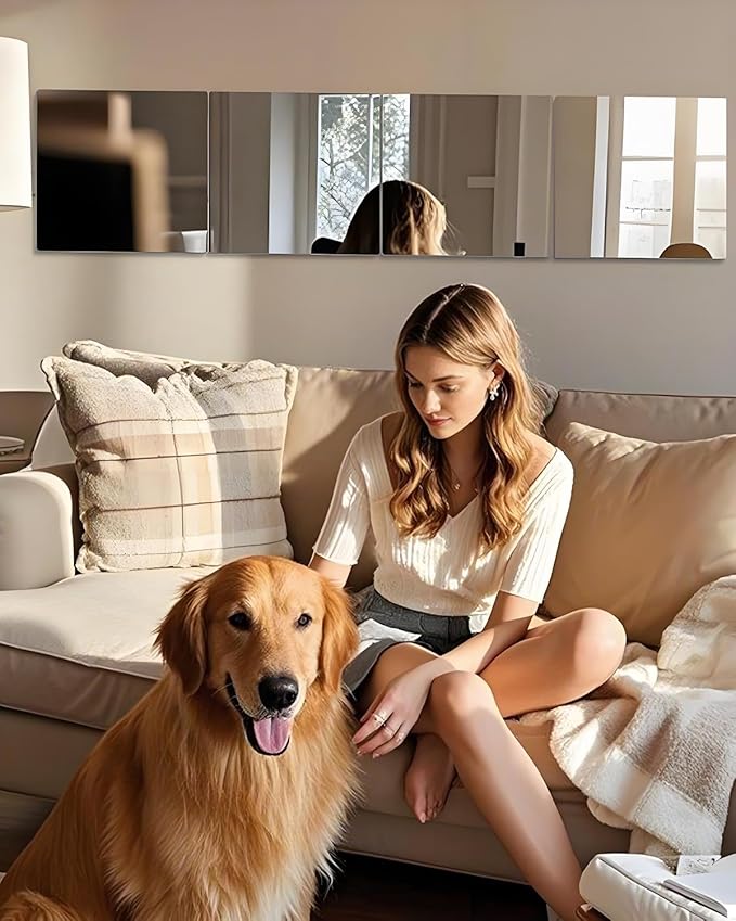 12" x 12" 4Pcs Full Length Wall Mirror Tiles, Frameless Wall Mounted Mirror Glass Wall Peel and Stick Mirror for Home Gym, Door, Bedroom, Living Room (12" x 12"-4PCS)