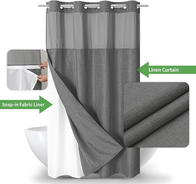 Stall No Hooks Needed Linen Textured Shower Curtain with Snap-in Fabric Liner Set,Hotel Luxury Decor Farmhouse Shower Curtains for Bathroom,Waterproof & Washable,54Wx80H,Charcoal Grey