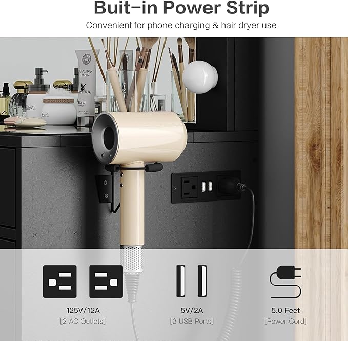 Vanity Desk with Power Outlet, Makeup Vanity with Mirror and 12 LED Lights, 3 Lighting Modes,11 Drawers Vanity Table with Chair, Glass Top, Vanity Set for Bedroom,Dressing Room, Black