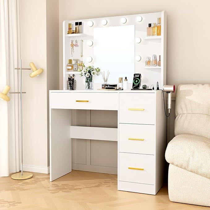 35” Small Vanity Desk with Mirror and Lights,10 Lights,3 Color Modes,Makeup Vanity Desk with 4 Storage Shelves 4 Drawers and Power Outlet,for Bedroom & Dressing Room,White vanitys