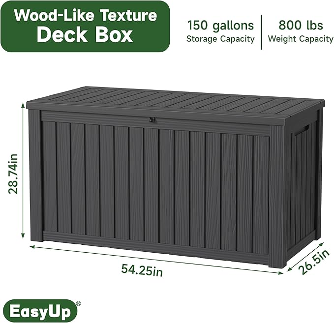 150 Gallon Outdoor Storage Box, Resin Waterproof UV-Resistant Deck Box with Hydraulic Lid Support, Reinforced Stability for Patio, Garden, and Poolside, Striped Black