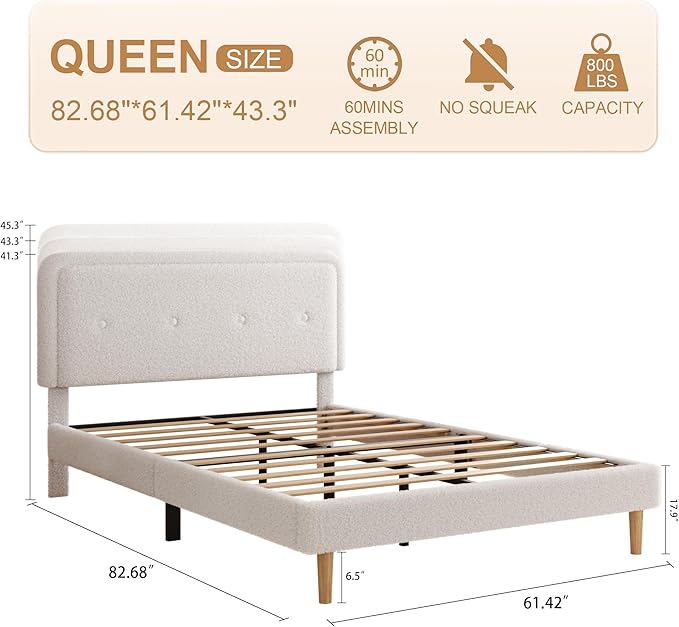 Queen Size Boucle Platform Bed Frame, Anti-Collision Soft Rounded Corners, Adjustable Headboard, No Box Spring Needed, Easy Assembly, Noise Free, White