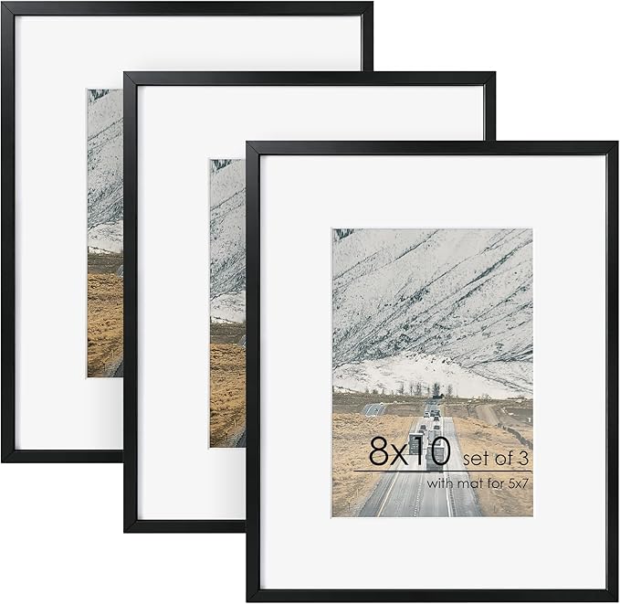 8x10 Picture Frame - 8 by 10 Metal Picture Frame With Mat | 8 x 10 Aluminum Photo Frame | Plexiglass And Hanging Hardware Included | 8x10 Gold Frame, Set of 3, Black