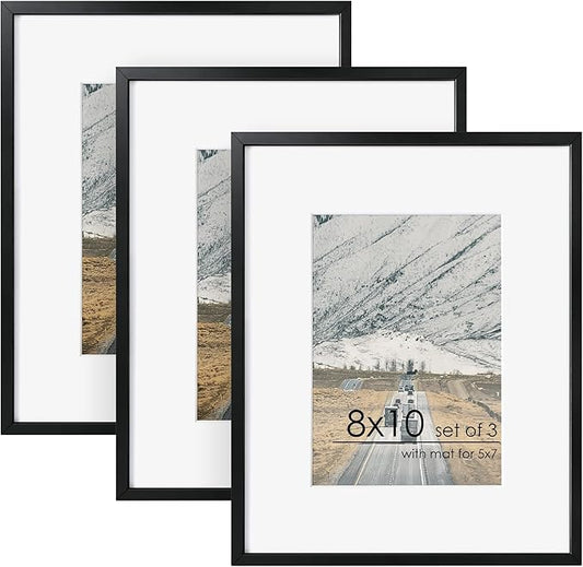 8x10 Picture Frame - 8 by 10 Metal Picture Frame With Mat | 8 x 10 Aluminum Photo Frame | Plexiglass And Hanging Hardware Included | 8x10 Gold Frame, Set of 3, Black