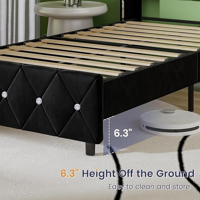 Black Velvet Bed with Diamonds Headboard, Bed Frame Full Size with Wingback, Wooden Slats Support, No Box Spring Needed, Easy Assembly, Black