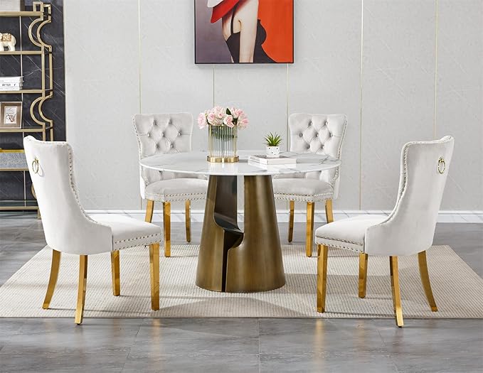 5-Piece Faux Marble Round Dining Table Set for 4, Modern Luxury Kitchen Table Set for 4 with Beige Tufted Chairs,Circle Dining Tables with White Marble Grain Top and Bronze Pedestal Base